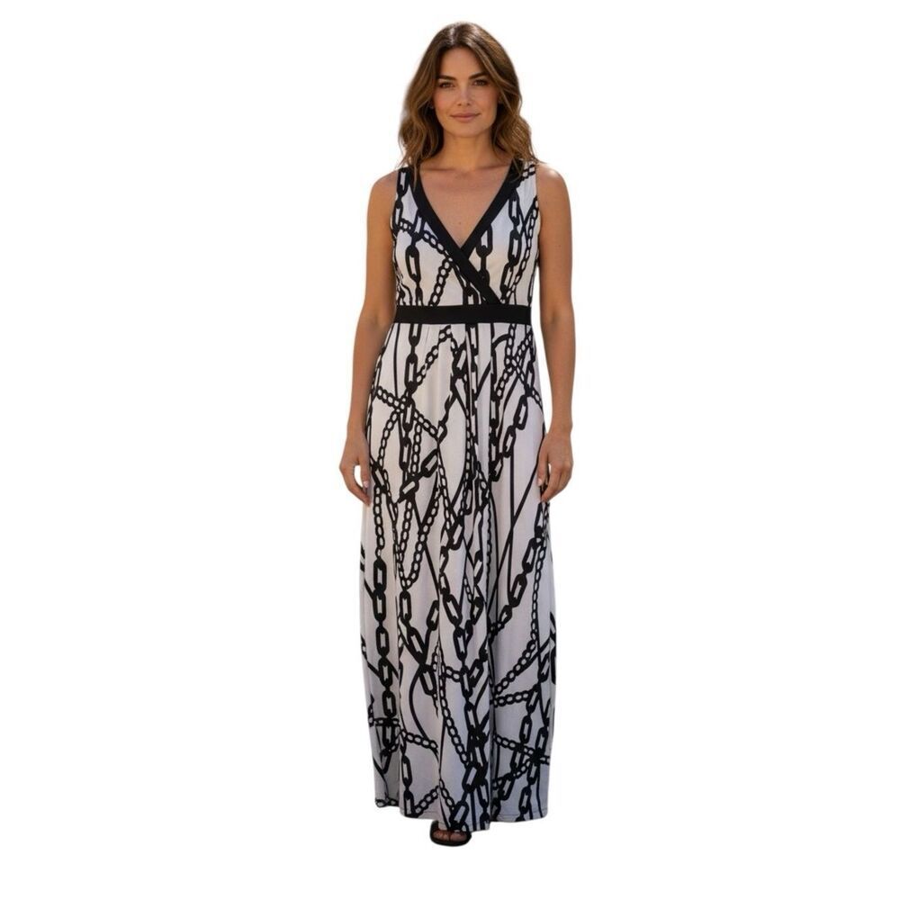 Milano Large Chain Print Black & White Y2K Babydoll Maxi Mob Wife Dress